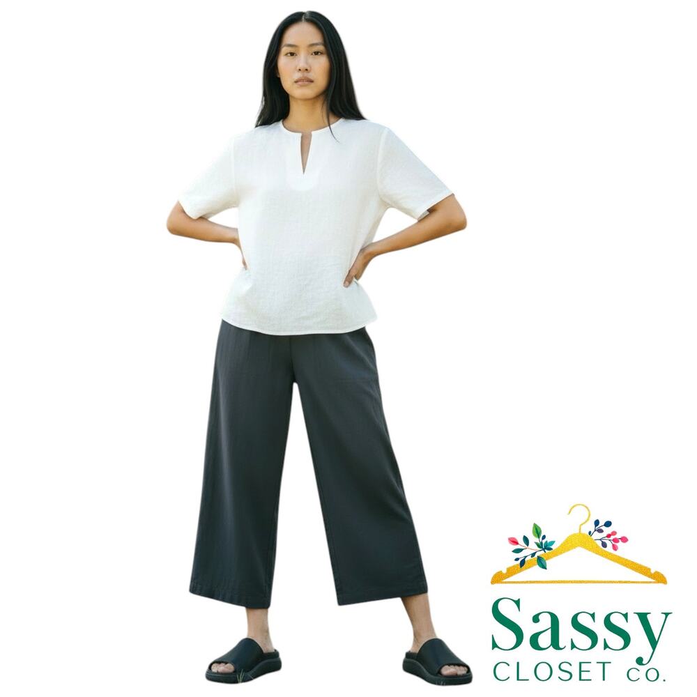 HM Black Cropped Wide Leg Pants 8 Elastic Waist Pull On Wrinkle Resistant EUC